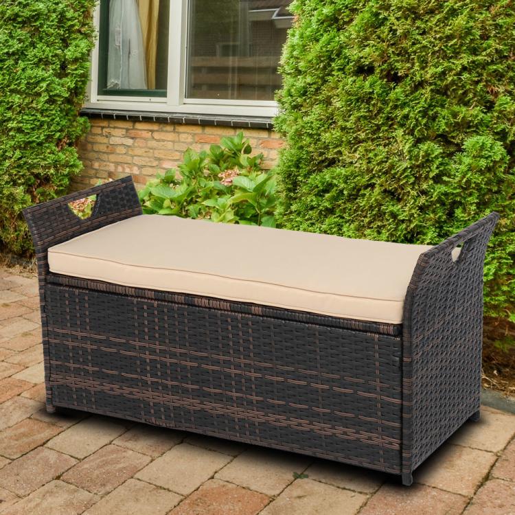 40 Gallon Deck Rattan Box Wicker Outdoor Storage with Cushion