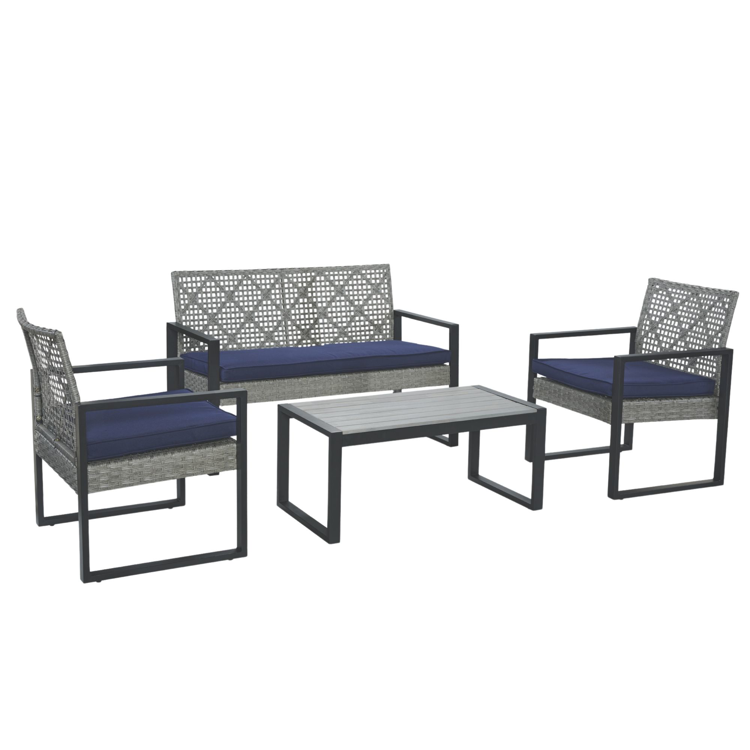 4-Piece Patio Furniture Set with Gray Acacia Wood Table Top, Light Gray Rattan & Blue Cushion