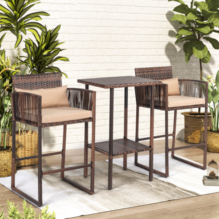 3pcs Outdoor Patio Bar Set Brown Gradient Rattan & Beige Cushion