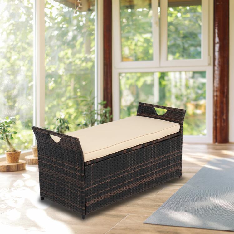 40 Gallon Deck Rattan Box Wicker Outdoor Storage with Cushion