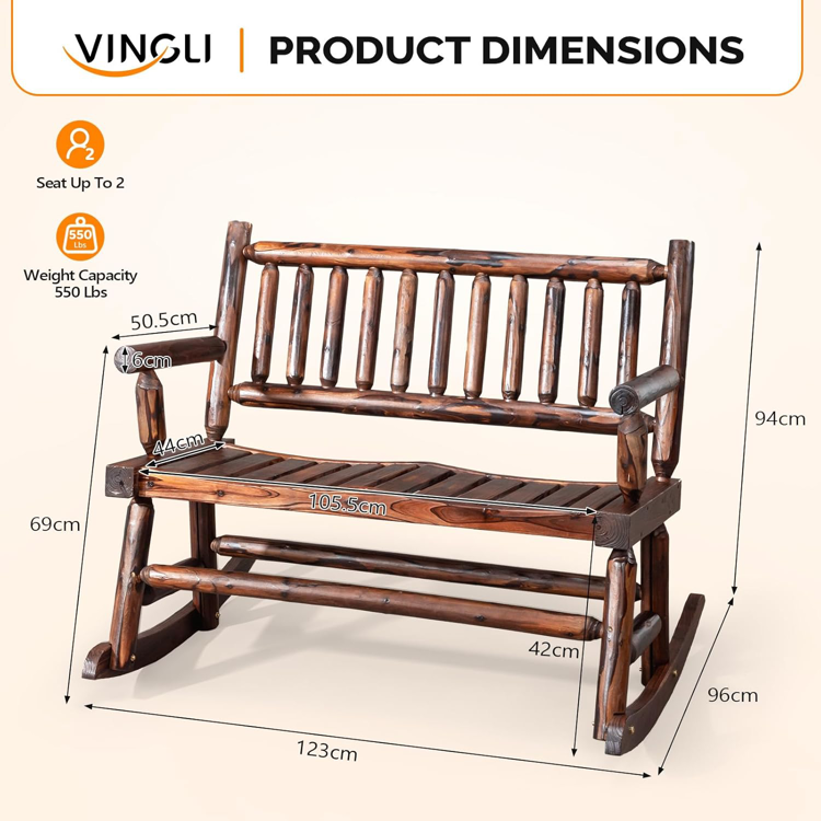 Fir Wood Double Rocking Chair, 550lb Capacity Weather-Resistant Outdoor Glider Bench with High Backrest - Natural or Rustic