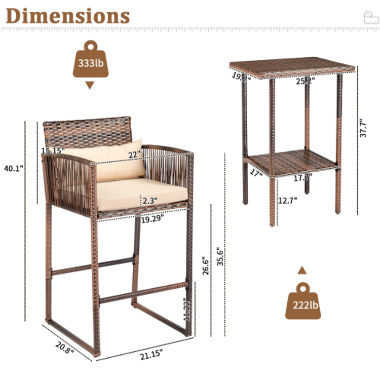 3pcs Outdoor Patio Bar Set Brown Gradient Rattan & Beige Cushion