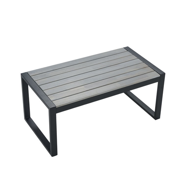 4-Piece Patio Furniture Set with Gray Acacia Wood Table Top, Light Gray Rattan & Blue Cushion