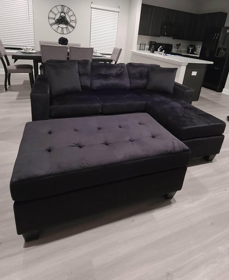Naomi Black Velvet sectional with ottoman