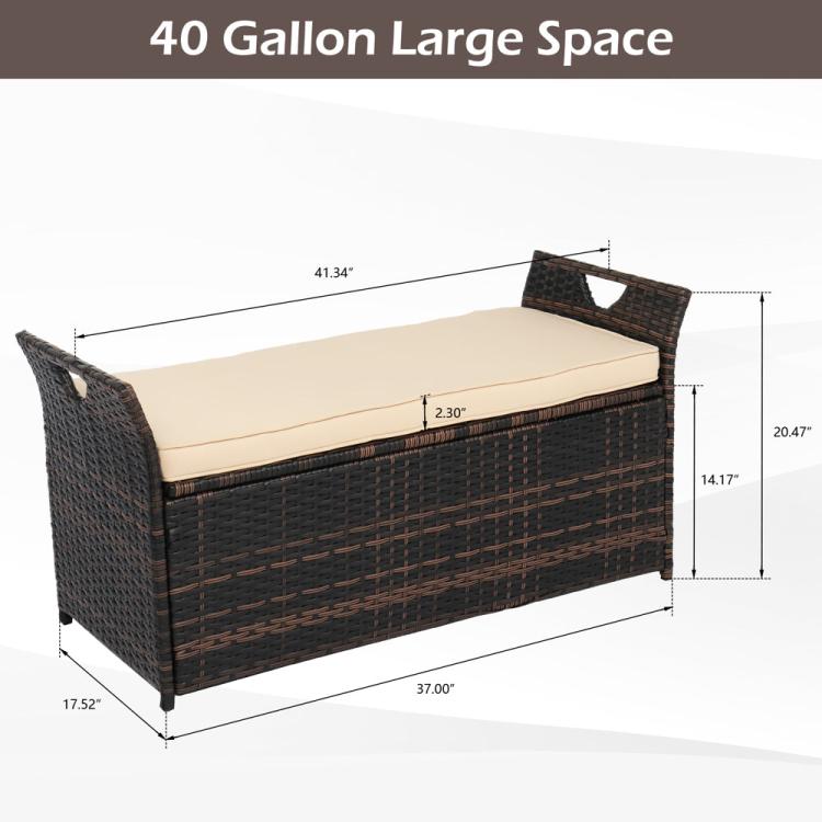 40 Gallon Deck Rattan Box Wicker Outdoor Storage with Cushion