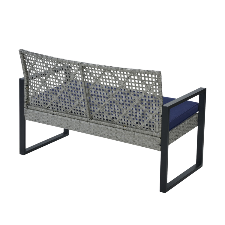 4-Piece Patio Furniture Set with Gray Acacia Wood Table Top, Light Gray Rattan & Blue Cushion