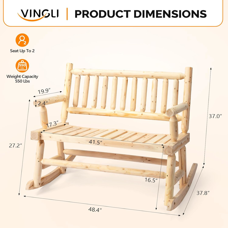 Fir Wood Double Rocking Chair, 550lb Capacity Weather-Resistant Outdoor Glider Bench with High Backrest - Natural or Rustic