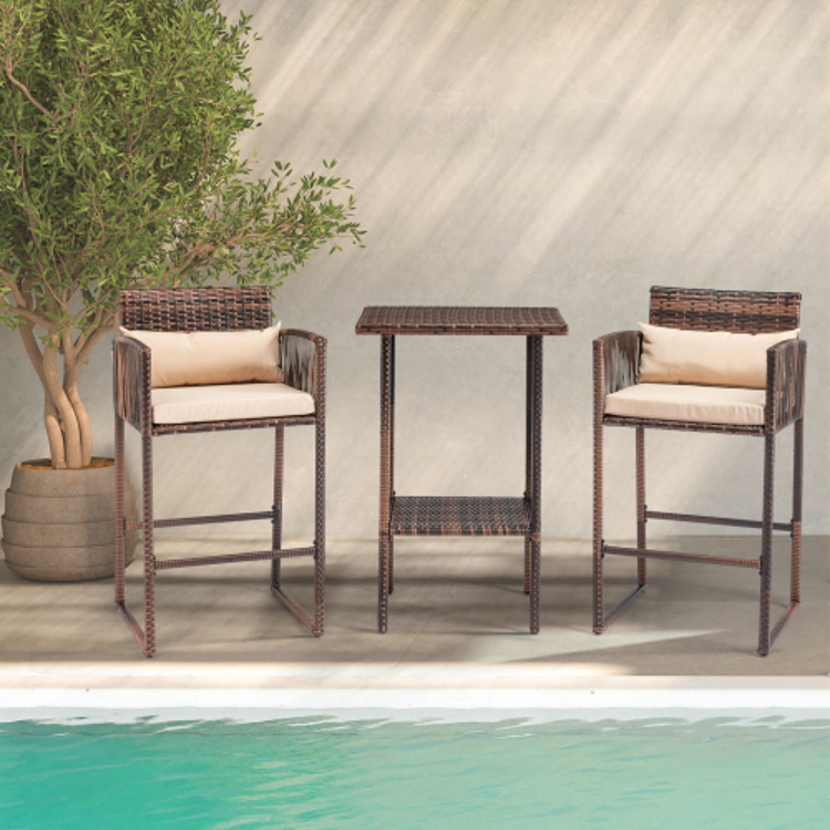 3pcs Outdoor Patio Bar Set Brown Gradient Rattan & Beige Cushion