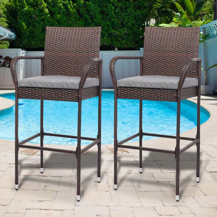 2 Sets Wicker Bar Stools with Cushions