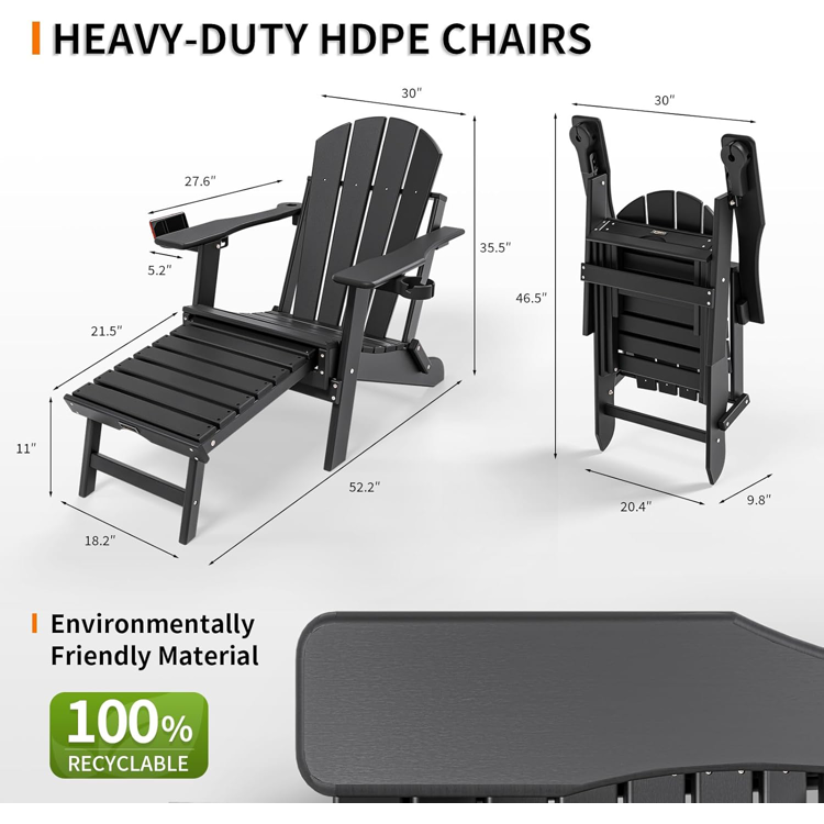 Folding Adirondack Chairs Set of 4 Teak or Black