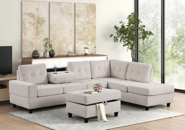 40H Beige Reversible Sectional with drop down cup holders + Ottoman