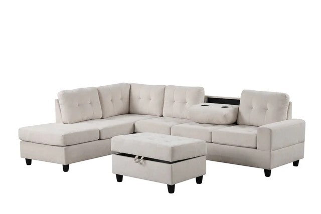 40H Beige Reversible Sectional with drop down cup holders + Ottoman