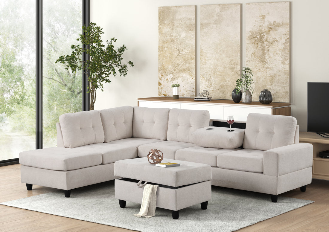 40H Beige Reversible Sectional with drop down cup holders + Ottoman