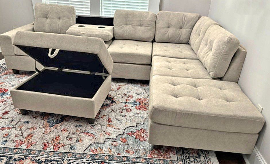 40H Beige Reversible Sectional with drop down cup holders + Ottoman
