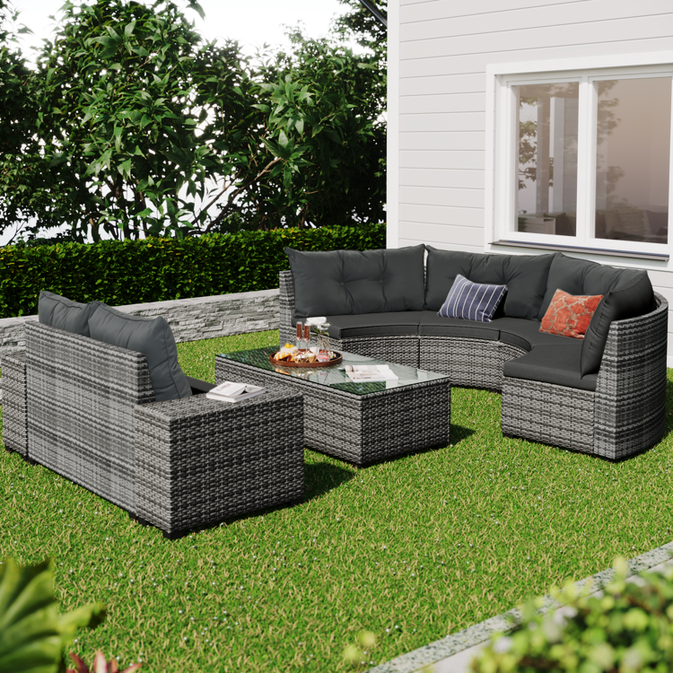 8-Piece Outdoor Half-Moon PE Rattan Curved Sofa Set, Gray