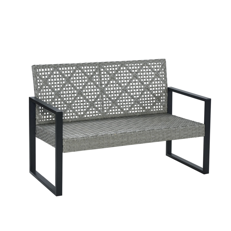 4-Piece Patio Furniture Set with Gray Acacia Wood Table Top, Light Gray Rattan & Blue Cushion