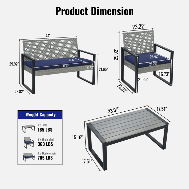 4-Piece Patio Furniture Set with Gray Acacia Wood Table Top, Light Gray Rattan & Blue Cushion
