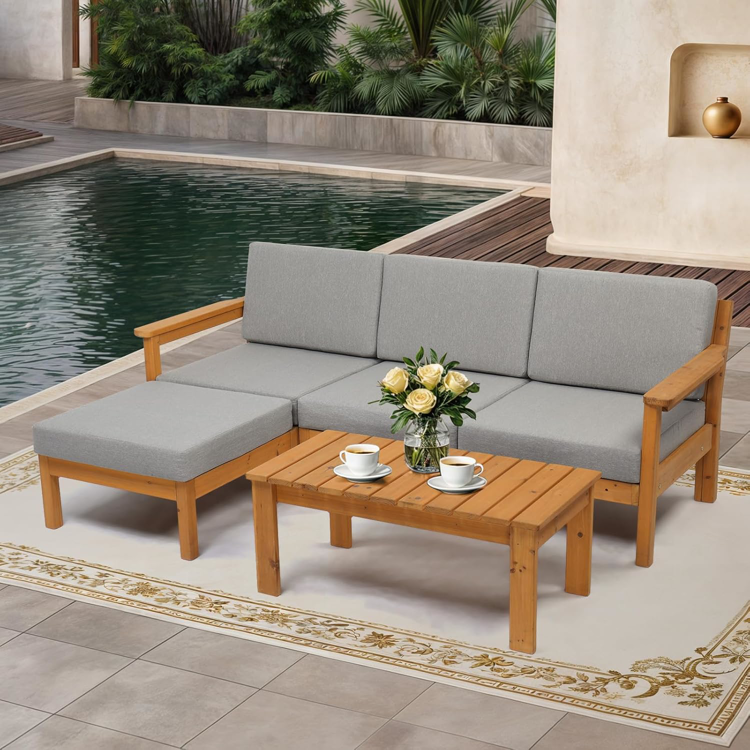 5-Piece Wooden Patio Sectional Sofa Set with Coffee Table,L-Shaped Outdoor Conversation Set