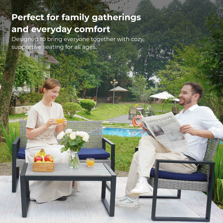 4-Piece Patio Furniture Set with Gray Acacia Wood Table Top, Light Gray Rattan & Blue Cushion