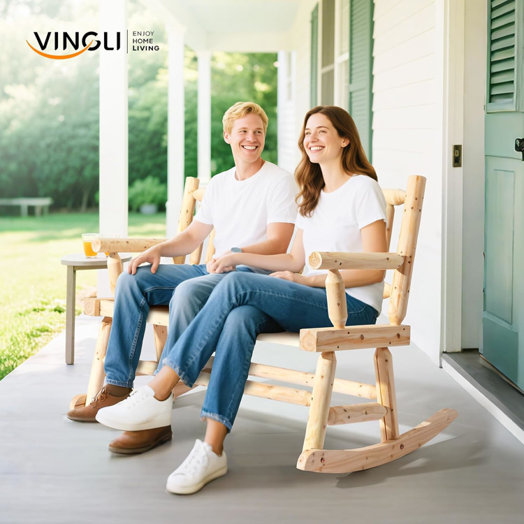 Fir Wood Double Rocking Chair, 550lb Capacity Weather-Resistant Outdoor Glider Bench with High Backrest - Natural or Rustic