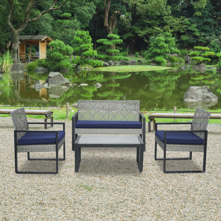 4-Piece Patio Furniture Set with Gray Acacia Wood Table Top, Light Gray Rattan & Blue Cushion
