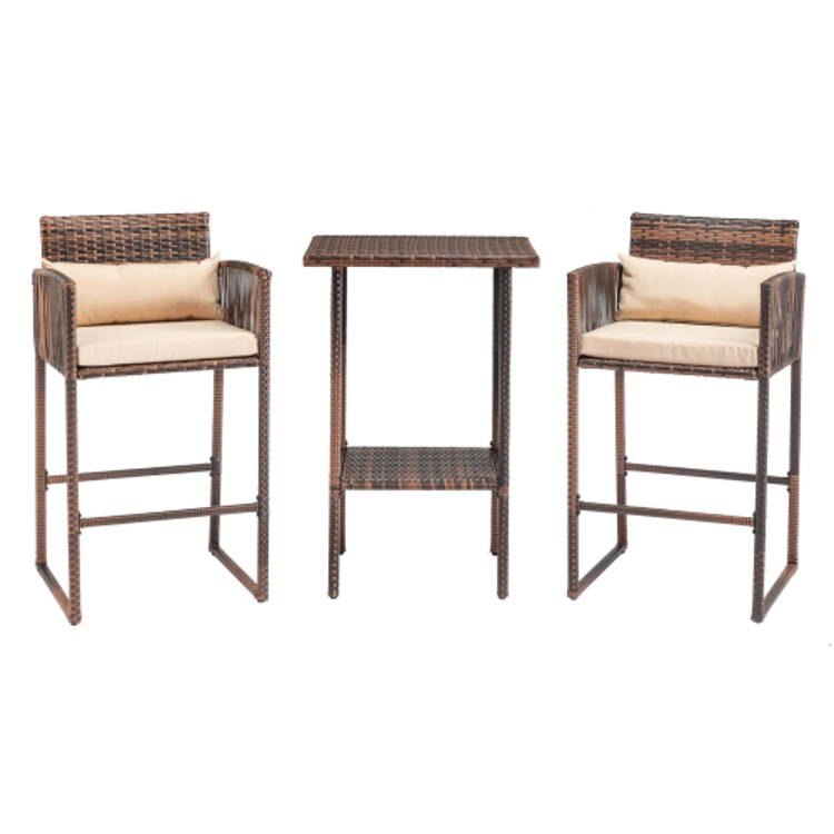 3pcs Outdoor Patio Bar Set Brown Gradient Rattan & Beige Cushion
