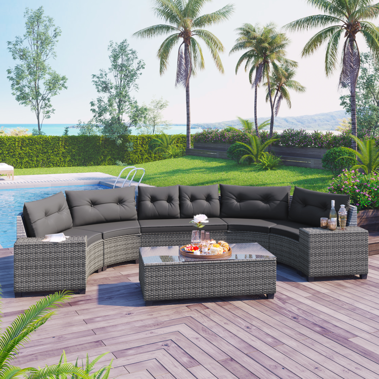 8-Piece Outdoor Half-Moon PE Rattan Curved Sofa Set, Gray