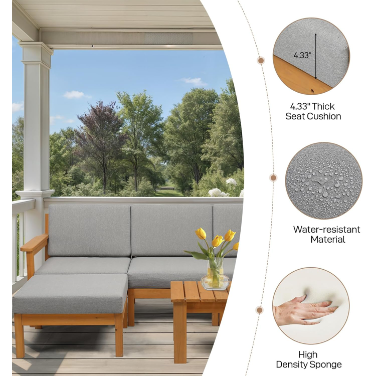 5-Piece Wooden Patio Sectional Sofa Set with Coffee Table,L-Shaped Outdoor Conversation Set