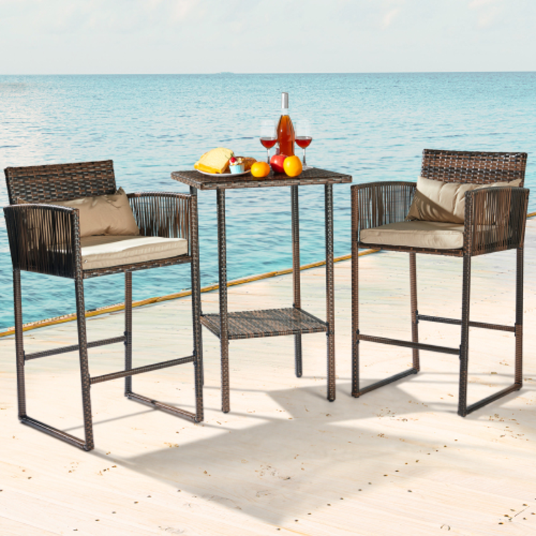 3pcs Outdoor Patio Bar Set Brown Gradient Rattan & Beige Cushion