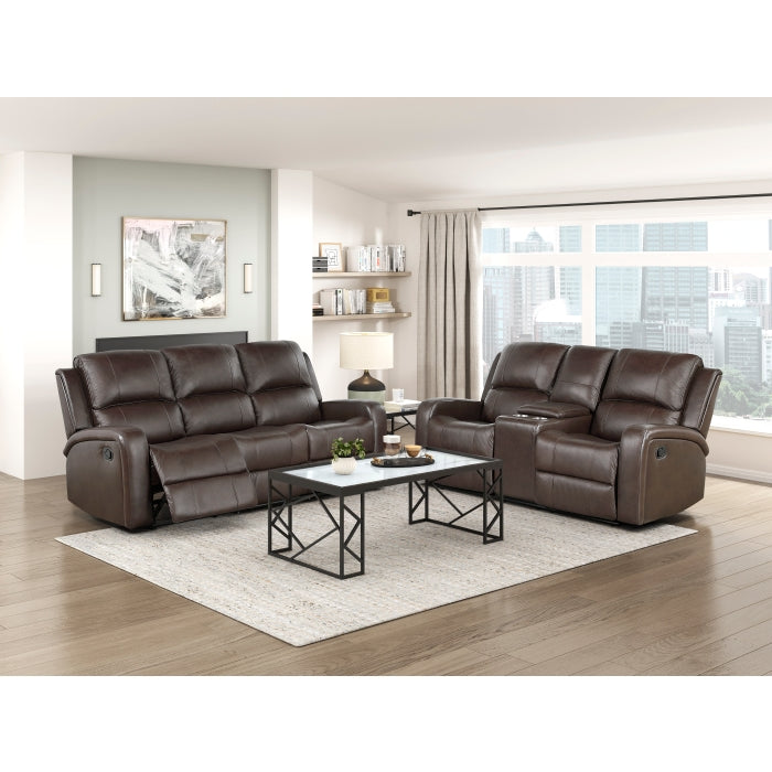 9735BRW Double Reclining Sofa and Love Seat with Center Console