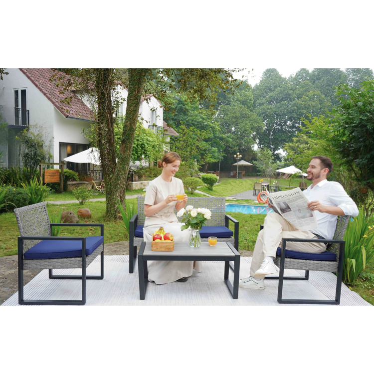 4-Piece Patio Furniture Set with Gray Acacia Wood Table Top, Light Gray Rattan & Blue Cushion
