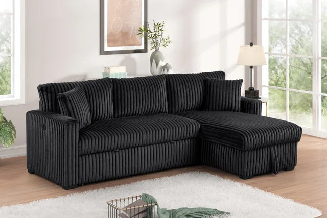 Aria Black Corduroy Convertible Sectional Sofa with Storage Chaise and drop down cup holders