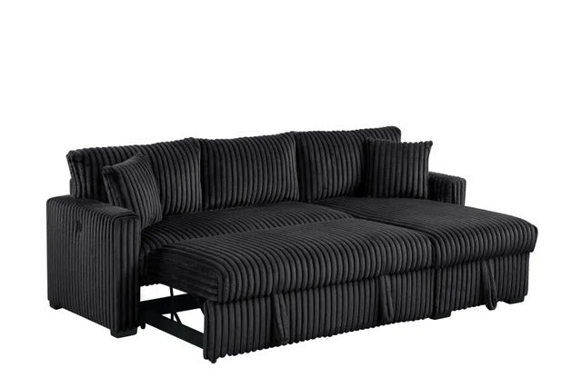 Aria Black Corduroy Convertible Sectional Sofa with Storage Chaise and drop down cup holders