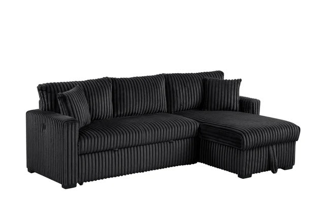Aria Black Corduroy Convertible Sectional Sofa with Storage Chaise and drop down cup holders