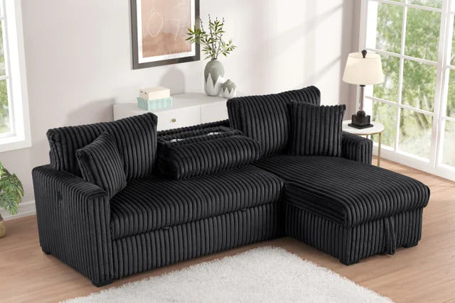 Aria Black Corduroy Convertible Sectional Sofa with Storage Chaise and drop down cup holders