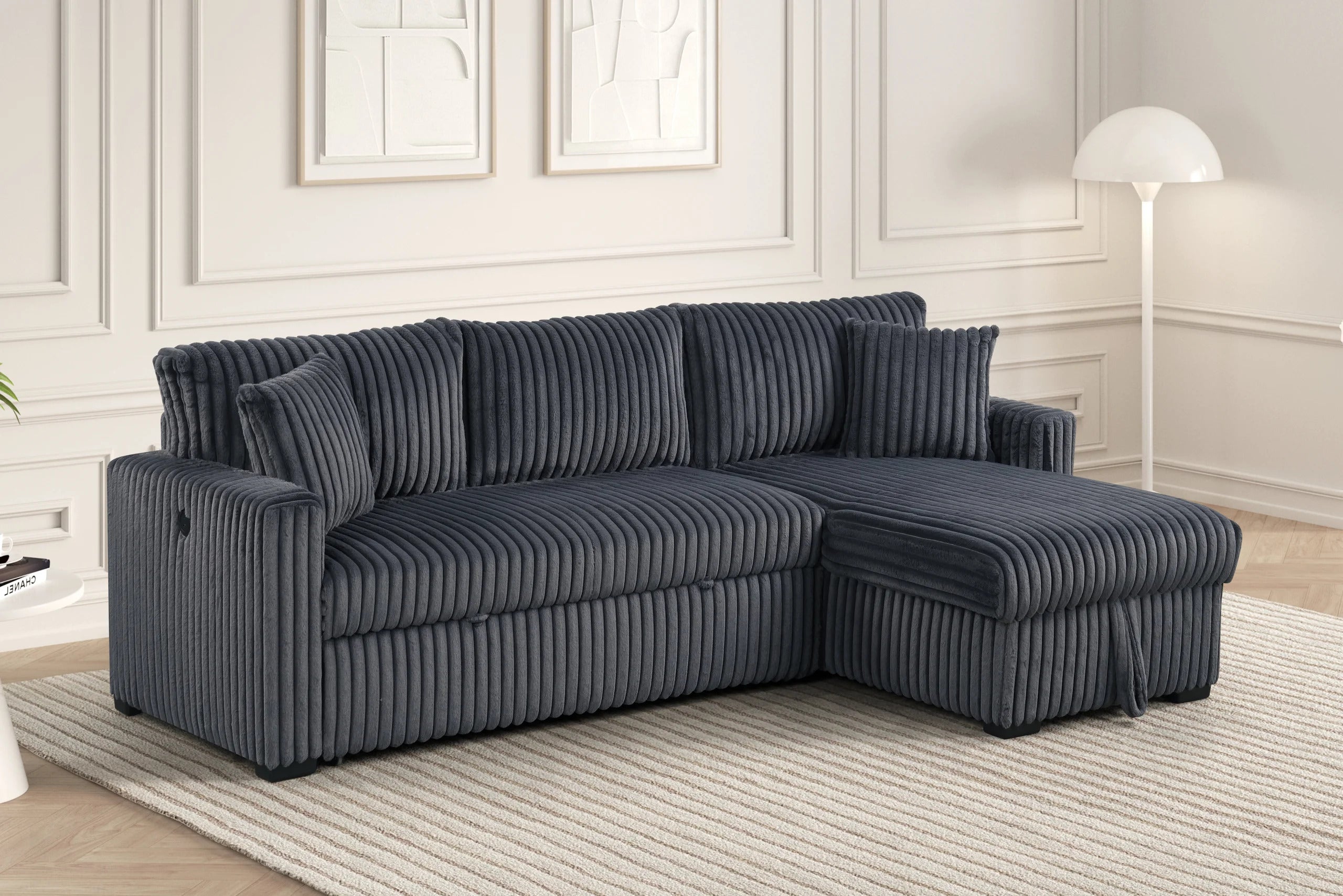 Aria Charcoal Corduroy Sectional With Pull-Out Bed & Storage Chaise