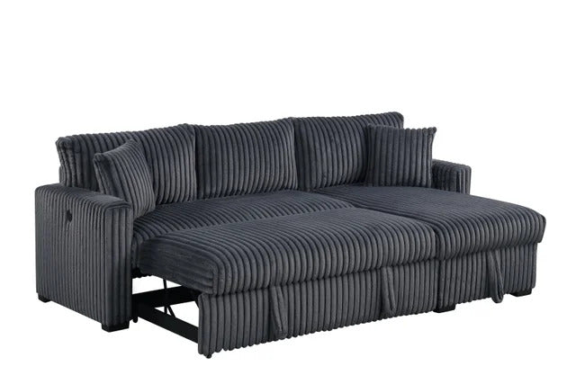 Aria Charcoal Corduroy Sectional With Pull-Out Bed & Storage Chaise