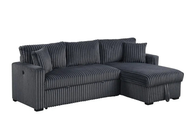 Aria Charcoal Corduroy Sectional With Pull-Out Bed & Storage Chaise