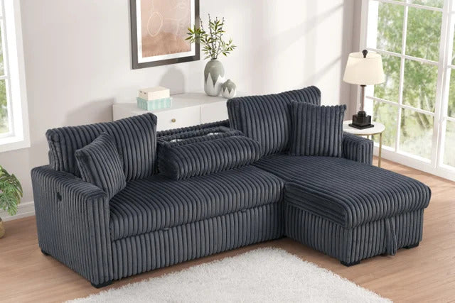 Aria Charcoal Corduroy Sectional With Pull-Out Bed & Storage Chaise
