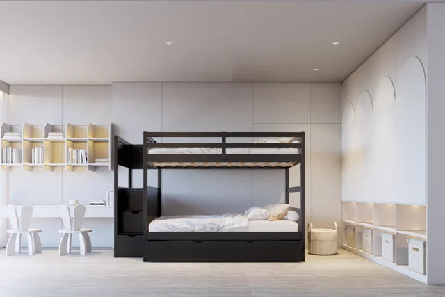 BB52 FULL/FULL Bunk Bed w/Twin Trundle + Staircase Storage
