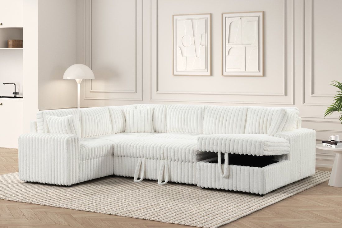 Forever Beige Contemporary Sectional Sofa with Built‑In Pull‑Out Bed and USB