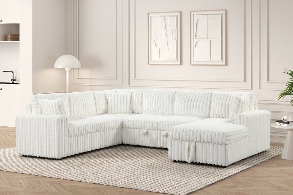 Forever Beige Contemporary Sectional Sofa with Built‑In Pull‑Out Bed and USB