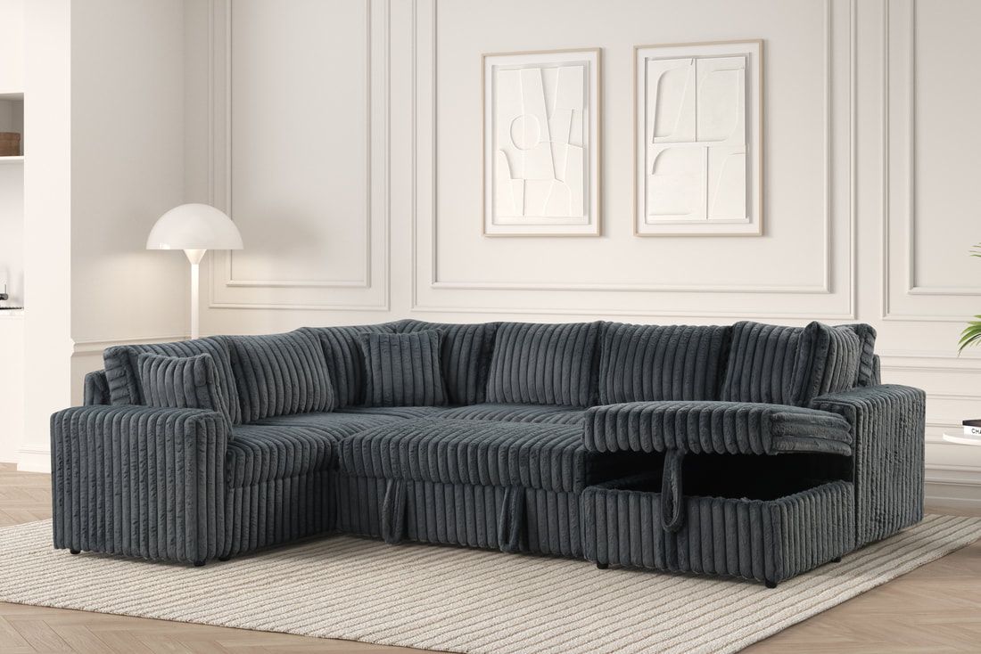 Forever Charcoal Corduroy Sectional With Pull-Out Bed and USB