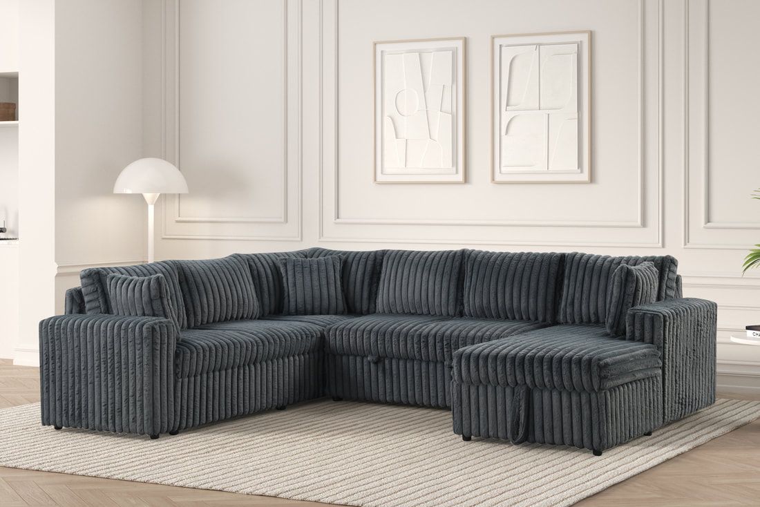 Forever Charcoal Corduroy Sectional With Pull-Out Bed and USB