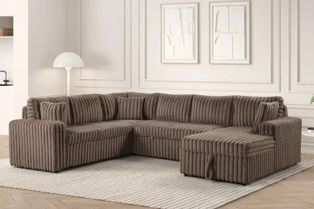 Forever Mocha Corduroy Sectional With Pull-Out Bed & USB