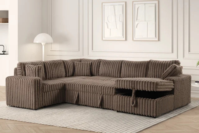 Forever Mocha Corduroy Sectional With Pull-Out Bed & USB