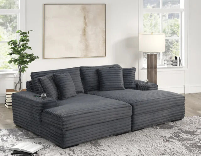 5800 Plush charcoal corduroy double Chaise Lounge