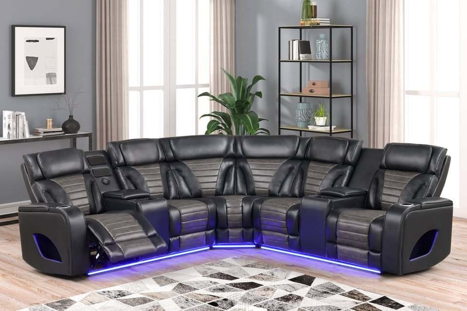 Ibiza POWER Black Reclining Sectional with power headrests and LED