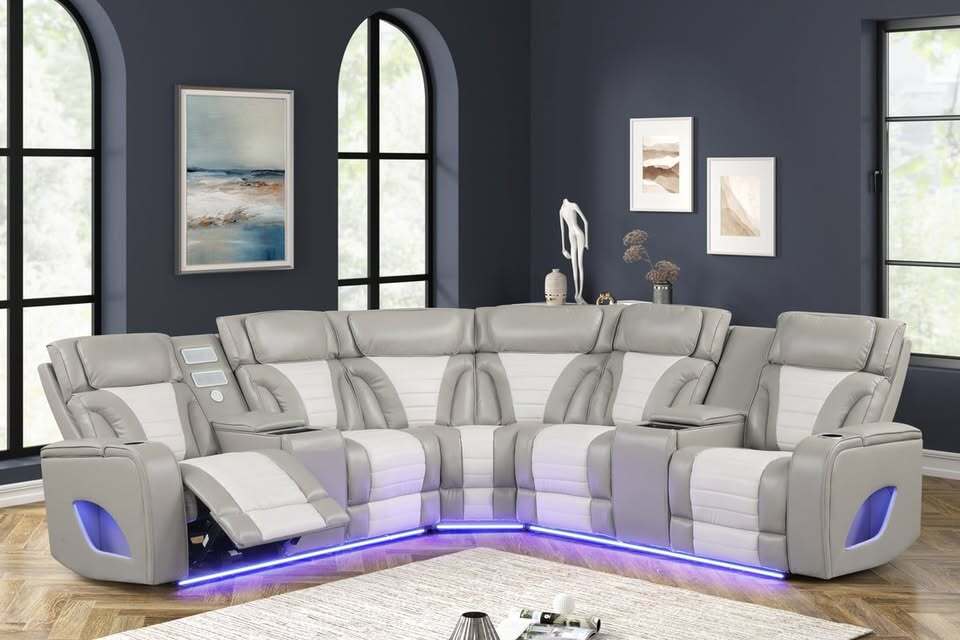 Ibiza Two tone grey Power Reclining Sectional Sofa with LED and Bluetooth speakers
