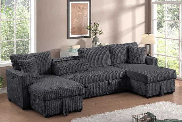 July Charcoal Corduroy Double Storage Chaise Sectional (w/ Pull Out Bed)